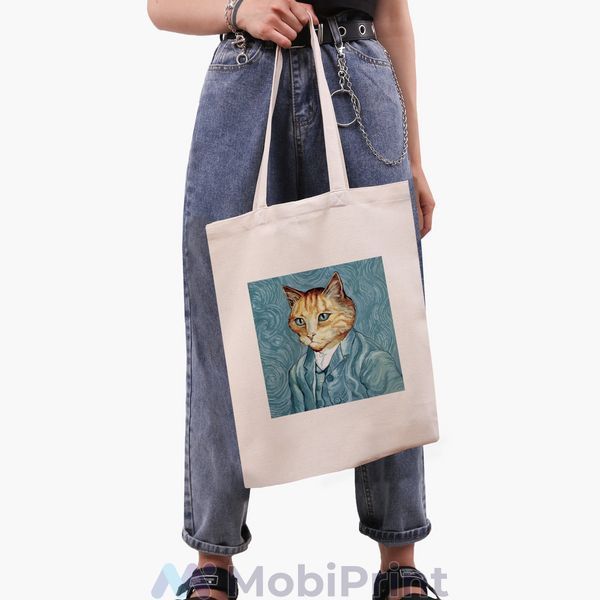 Еко сумка Кіт Вінсент Ван Гог (Vincent van Gogh Cat) бежева канвас з принтом 9227-2959-WT фото