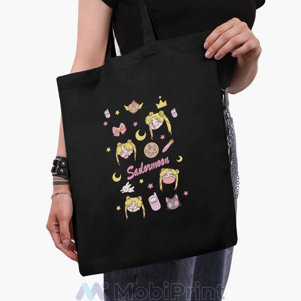 Еко сумка Сейлор Мун (Sailor Moon) чорна на блискавці саржа з принтом 9227-2911-BKZ фото