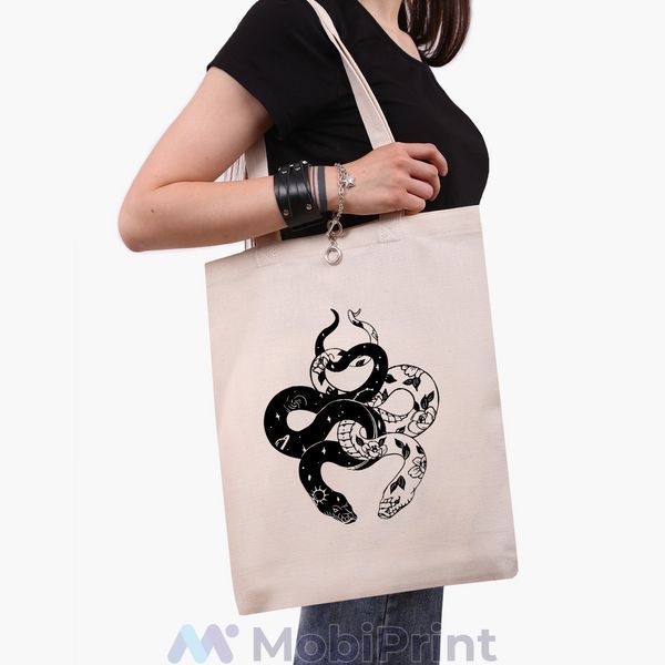Еко сумка Інь Янь Змії (Yin Yang Snake) бежева канвас з принтом 9227-2850-WT фото