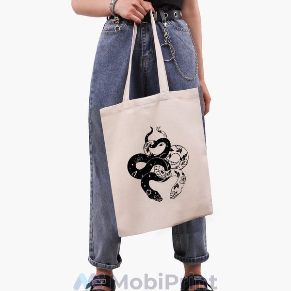 Еко сумка Інь Янь Змії (Yin Yang Snake) бежева канвас з принтом 9227-2850-WT фото
