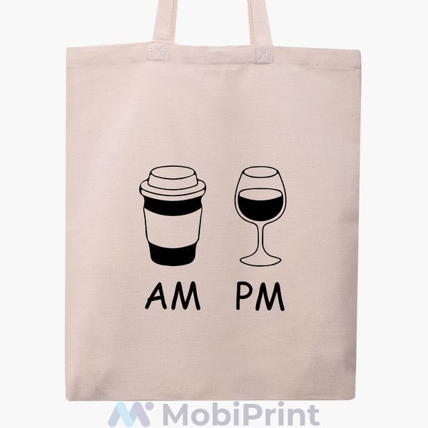 Эко сумка Кофе утром, вино ночью AM/PM (coffee in the morning wine at night) бежевая канвас с принтом 9227-1640-WT фото