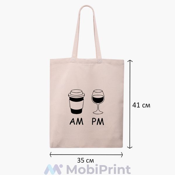 Эко сумка Кофе утром, вино ночью AM/PM (coffee in the morning wine at night) бежевая канвас с принтом 9227-1640-WT фото