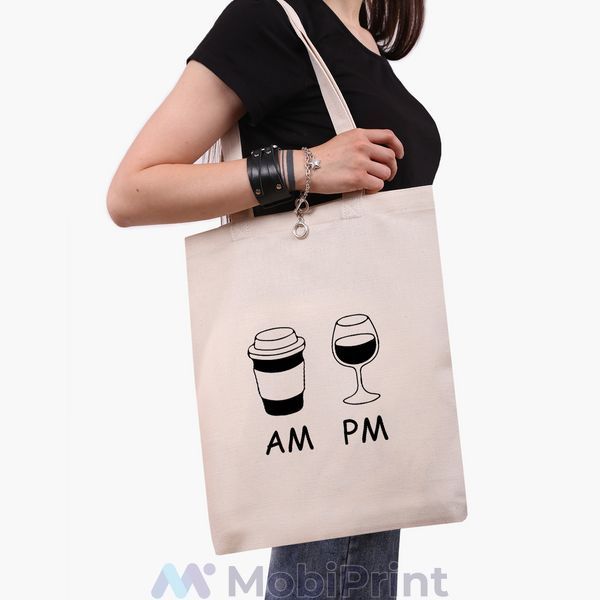 Эко сумка Кофе утром, вино ночью AM/PM (coffee in the morning wine at night) бежевая канвас с принтом 9227-1640-WT фото